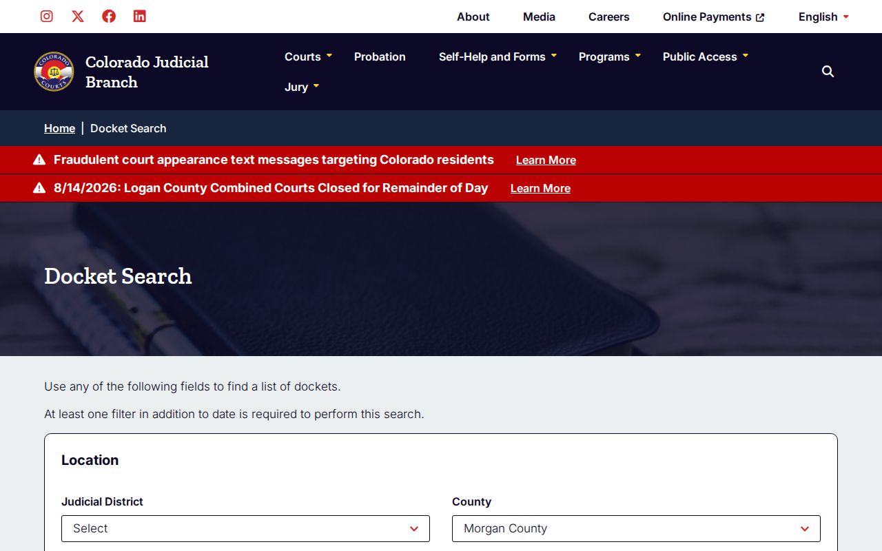 Morgan County court calendar search interface