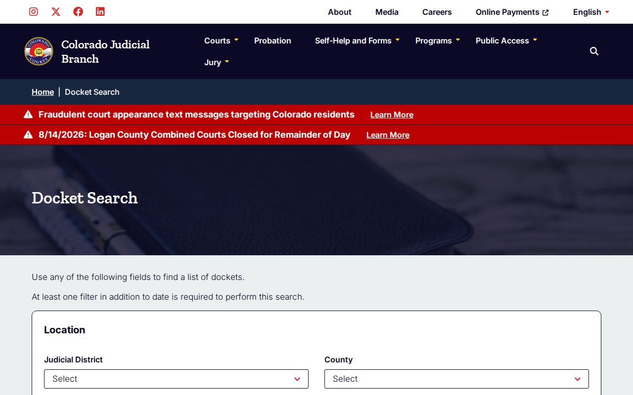 Morgan County court docket search fields on the Colorado Judicial Branch site